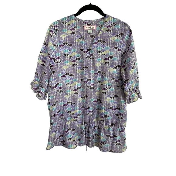 Koi by Kathy Peterson Style 148PR Peplum Drawstring Purple Turquoise Scrub Top - Picture 1 of 7